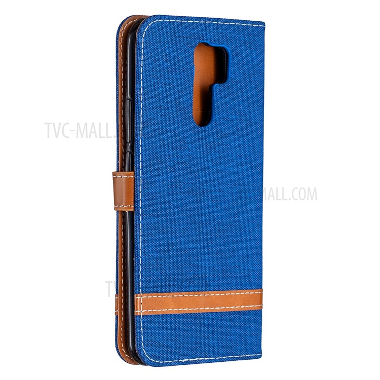 Color Splicing Jeans Cloth Shell Wallet Leather Cover for Xiaomi Redmi 9 - Baby Blue-3