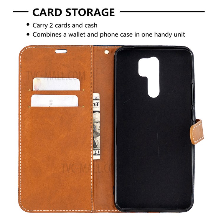 Color Splicing Jeans Cloth Shell Wallet Leather Cover for Xiaomi Redmi 9 - Baby Blue-6