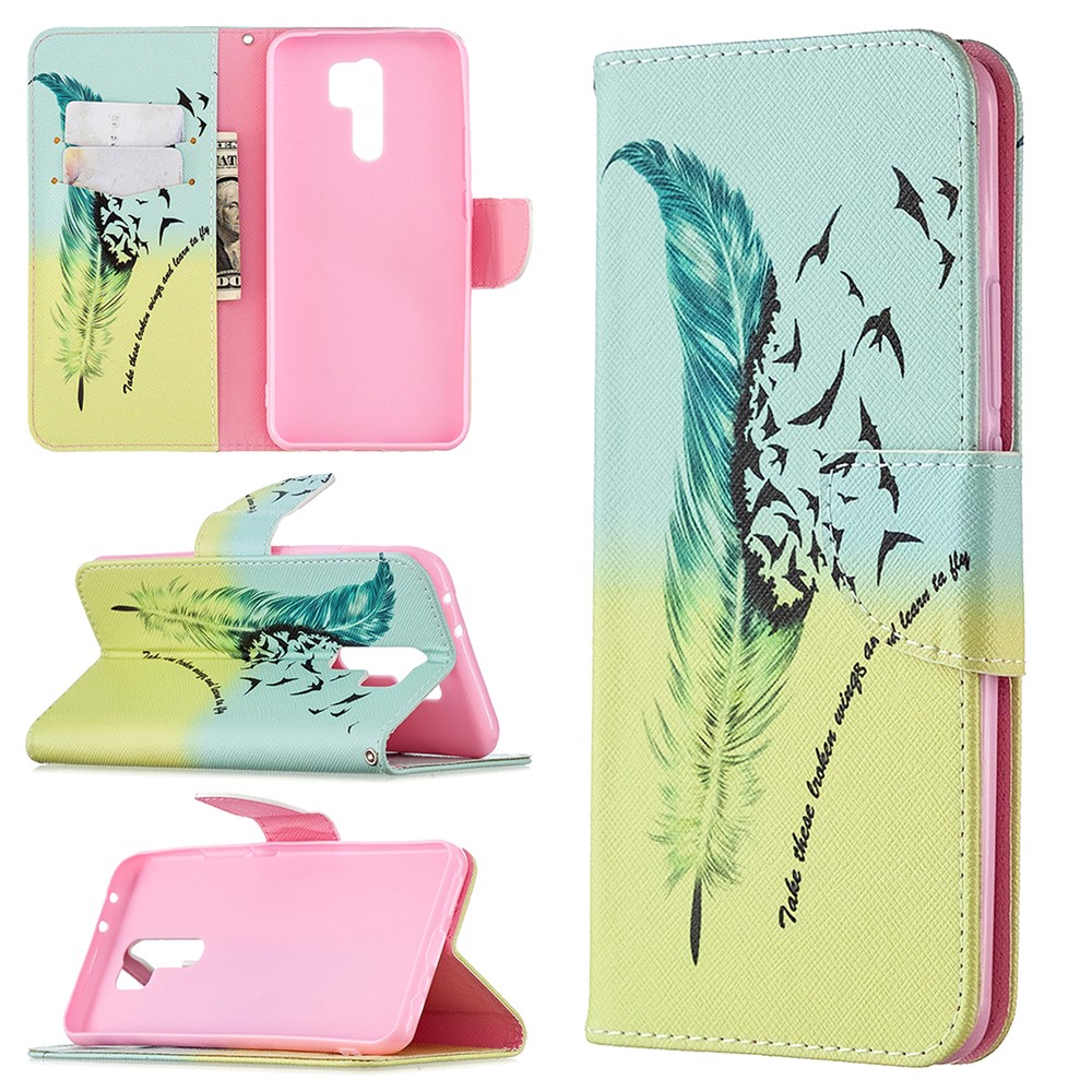 Printing Skin Leather Cell Phone Shell for Xiaomi Redmi 9 - Feather-1