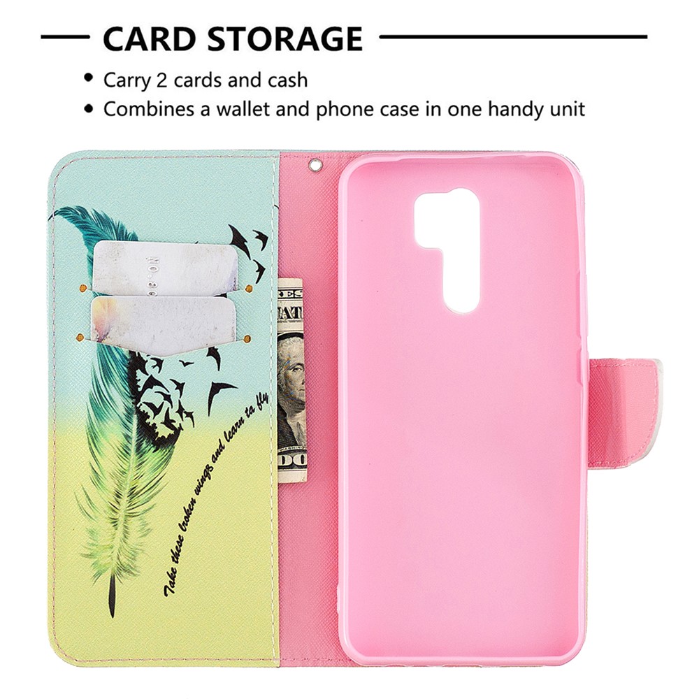 Printing Skin Leather Cell Phone Shell for Xiaomi Redmi 9 - Feather-6