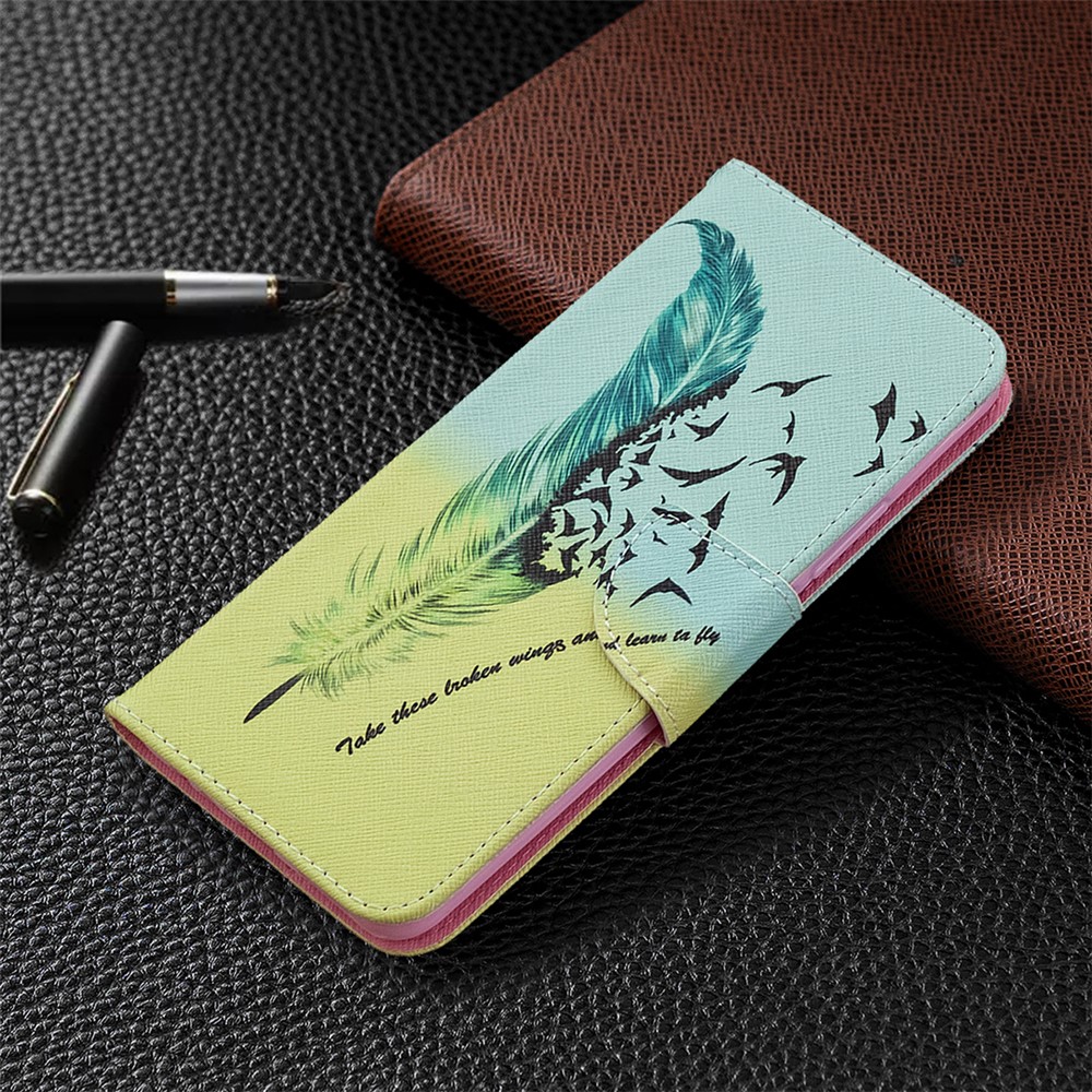 Printing Skin Leather Cell Phone Shell for Xiaomi Redmi 9 - Feather-7