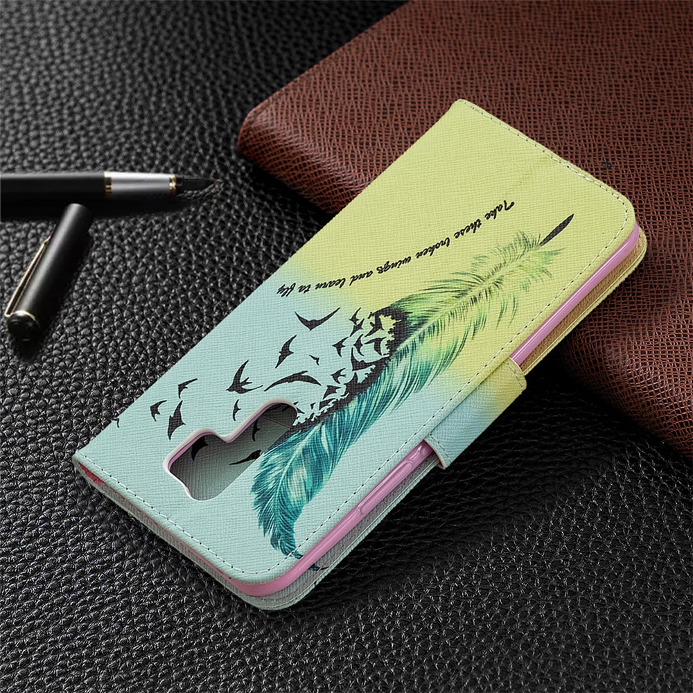 Printing Skin Leather Cell Phone Shell for Xiaomi Redmi 9 - Feather-8