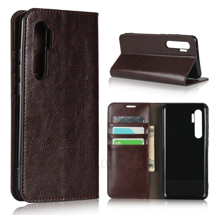 Crazy Horse Skin Genuine Leather Shell for Xiaomi Mi Note 10 Lite - Coffee-1