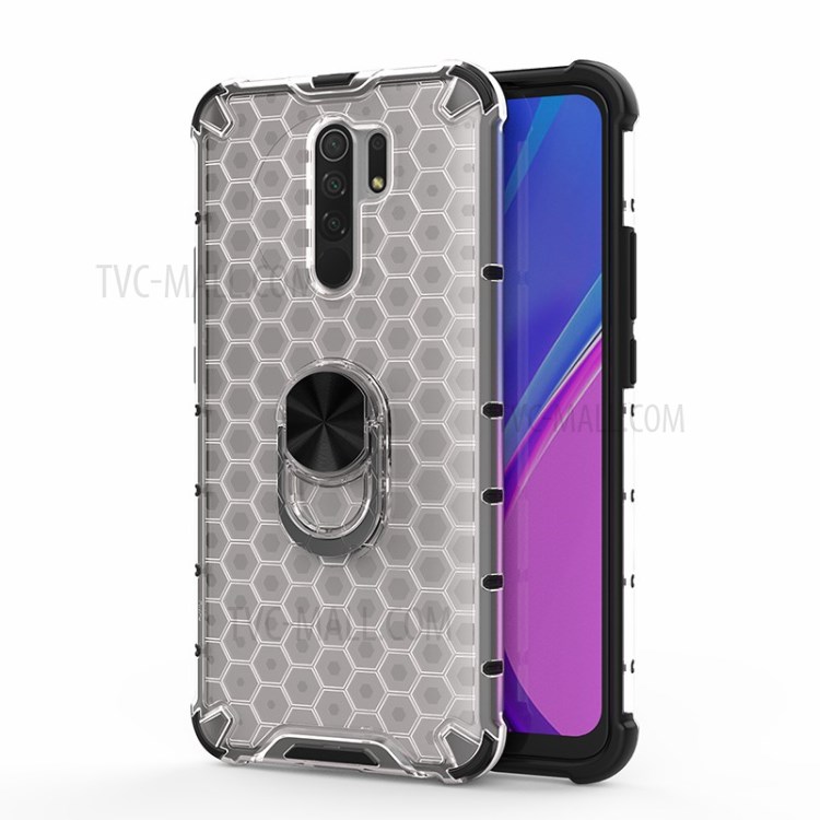 Finger Ring Kickstand Honeycomb Pattern TPU + PC Hybrid Shell for Xiaomi Redmi 9 - White-1
