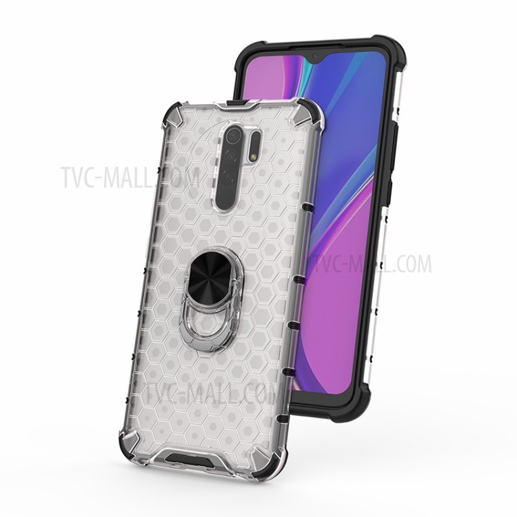 Finger Ring Kickstand Honeycomb Pattern TPU + PC Hybrid Shell for Xiaomi Redmi 9 - White-10