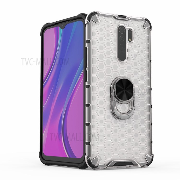 Finger Ring Kickstand Honeycomb Pattern TPU + PC Hybrid Shell for Xiaomi Redmi 9 - White-11