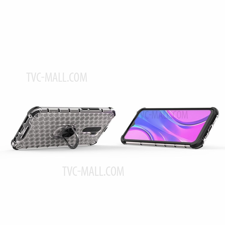 Finger Ring Kickstand Honeycomb Pattern TPU + PC Hybrid Shell for Xiaomi Redmi 9 - White-12