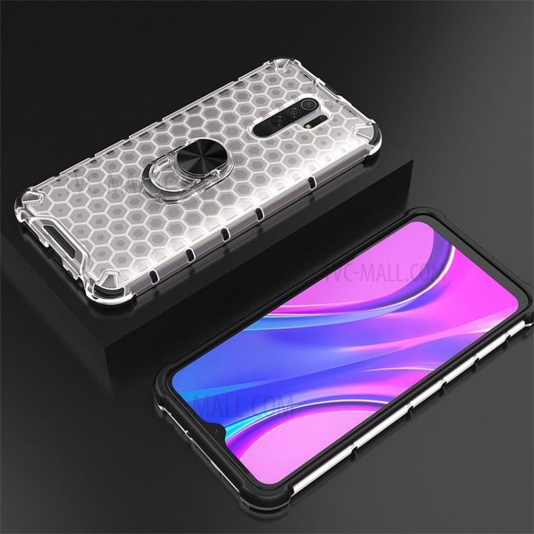 Finger Ring Kickstand Honeycomb Pattern TPU + PC Hybrid Shell for Xiaomi Redmi 9 - White-13