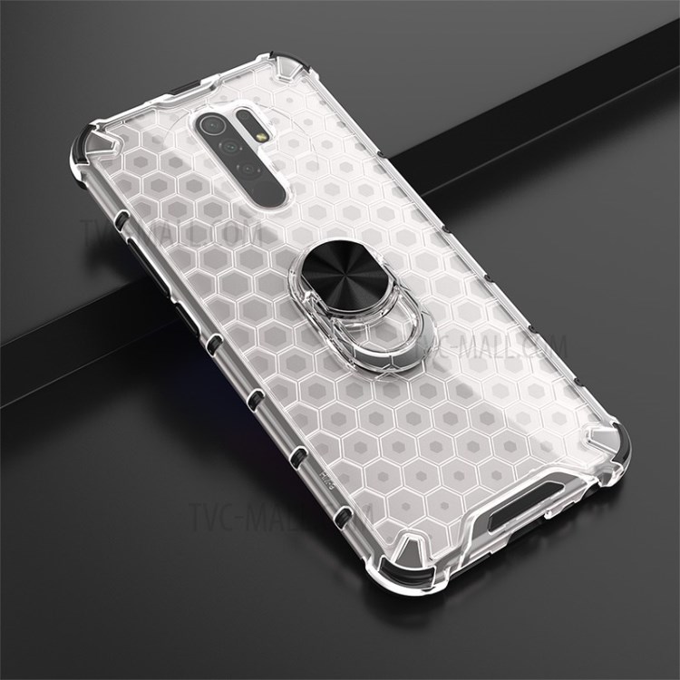Finger Ring Kickstand Honeycomb Pattern TPU + PC Hybrid Shell for Xiaomi Redmi 9 - White-14