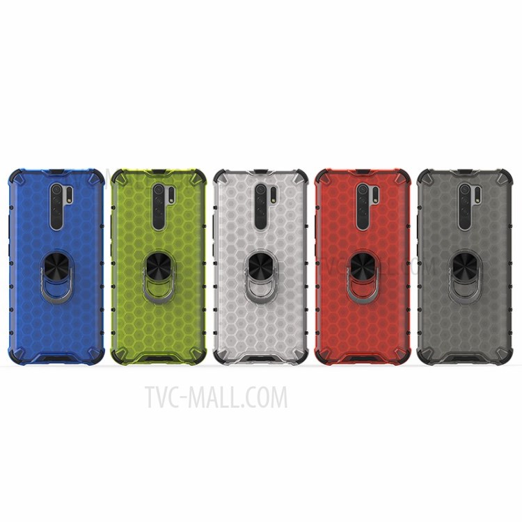 Finger Ring Kickstand Honeycomb Pattern TPU + PC Hybrid Shell for Xiaomi Redmi 9 - White-15