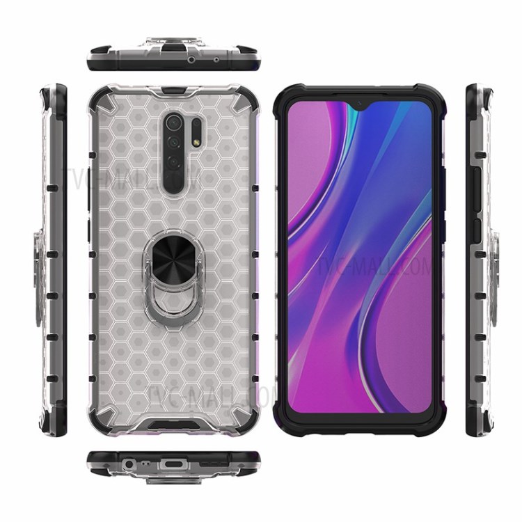 Finger Ring Kickstand Honeycomb Pattern TPU + PC Hybrid Shell for Xiaomi Redmi 9 - White-2