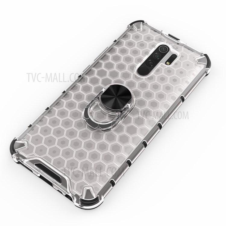 Finger Ring Kickstand Honeycomb Pattern TPU + PC Hybrid Shell for Xiaomi Redmi 9 - White-3