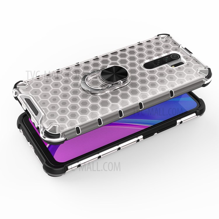 Finger Ring Kickstand Honeycomb Pattern TPU + PC Hybrid Shell for Xiaomi Redmi 9 - White-4