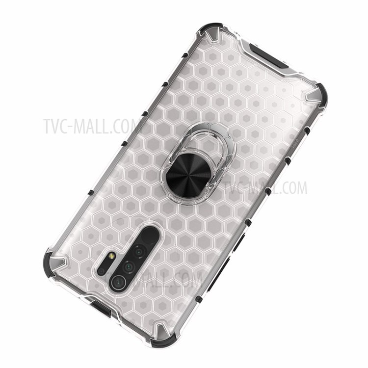 Finger Ring Kickstand Honeycomb Pattern TPU + PC Hybrid Shell for Xiaomi Redmi 9 - White-6