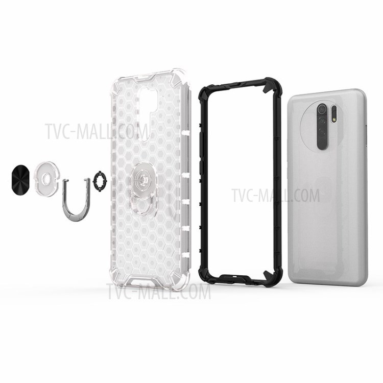 Finger Ring Kickstand Honeycomb Pattern TPU + PC Hybrid Shell for Xiaomi Redmi 9 - White-7