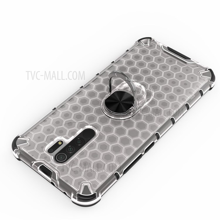 Finger Ring Kickstand Honeycomb Pattern TPU + PC Hybrid Shell for Xiaomi Redmi 9 - White-8