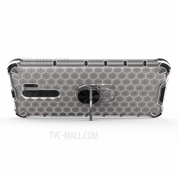 Finger Ring Kickstand Honeycomb Pattern TPU + PC Hybrid Shell for Xiaomi Redmi 9 - White-9