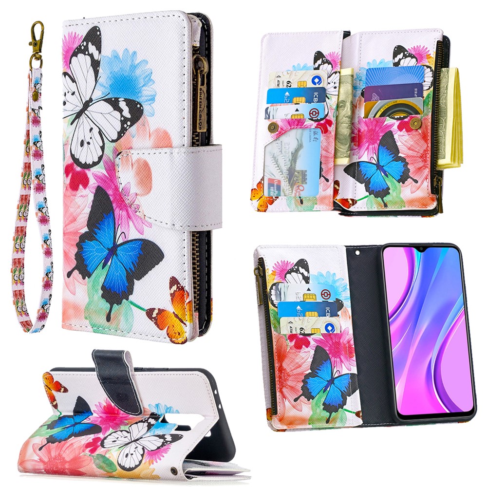 BF03 Pattern Printing Zipper Wallet Leather Phone Cover for Xiaomi Redmi 9 - Blue and White Butterfly-1