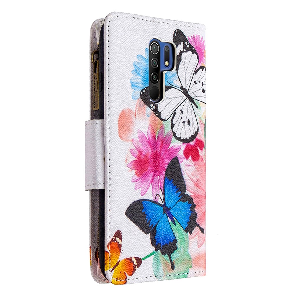 BF03 Pattern Printing Zipper Wallet Leather Phone Cover for Xiaomi Redmi 9 - Blue and White Butterfly-3