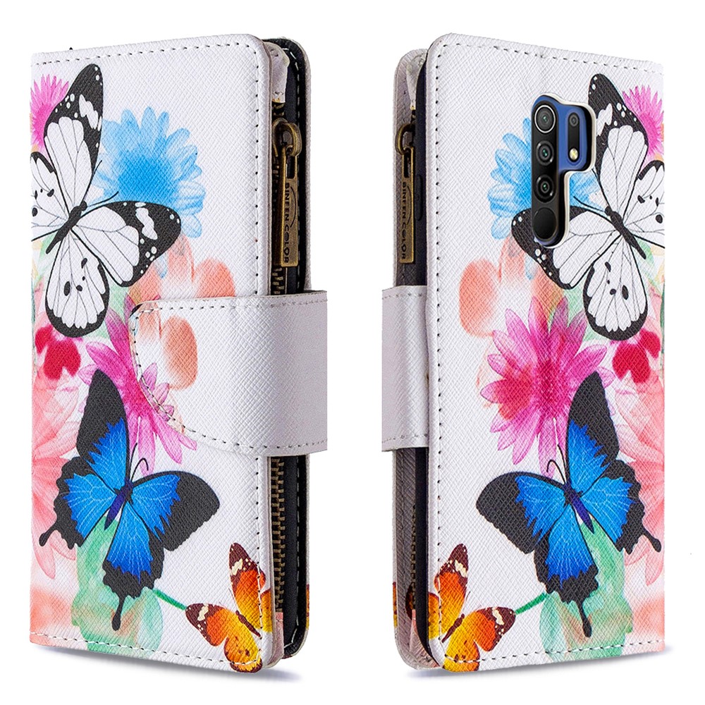 BF03 Pattern Printing Zipper Wallet Leather Phone Cover for Xiaomi Redmi 9 - Blue and White Butterfly-4