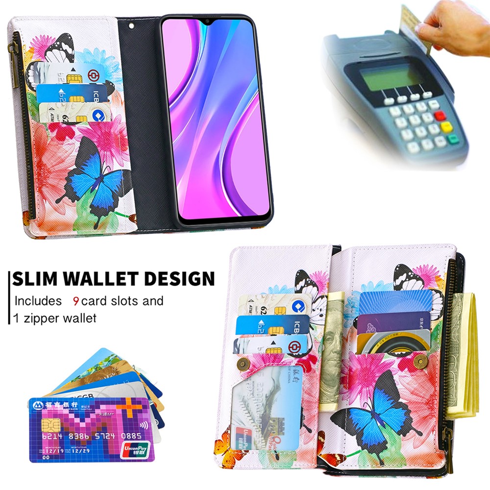 BF03 Pattern Printing Zipper Wallet Leather Phone Cover for Xiaomi Redmi 9 - Blue and White Butterfly-6