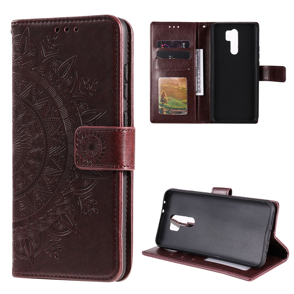 Imprint Flower Leather Wallet Phone Shell for Xiaomi Redmi 9 - Brown-8