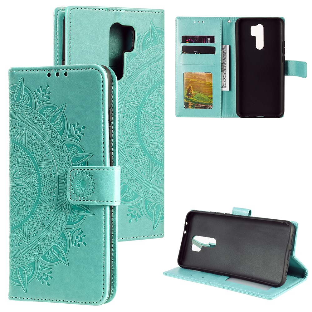Imprint Flower Leather Wallet Phone Shell for Xiaomi Redmi 9 - Green-1