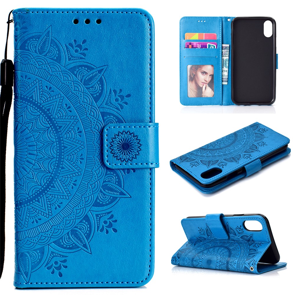 Imprint Flower Flip Leather Wallet Phone Cover for Xiaomi Redmi 9A - Blue-1