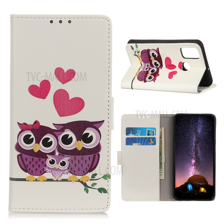 Pattern Printing Flip Leather Wallet Stand Phone Cover for Xiaomi Redmi 9C - Couple Owls-1