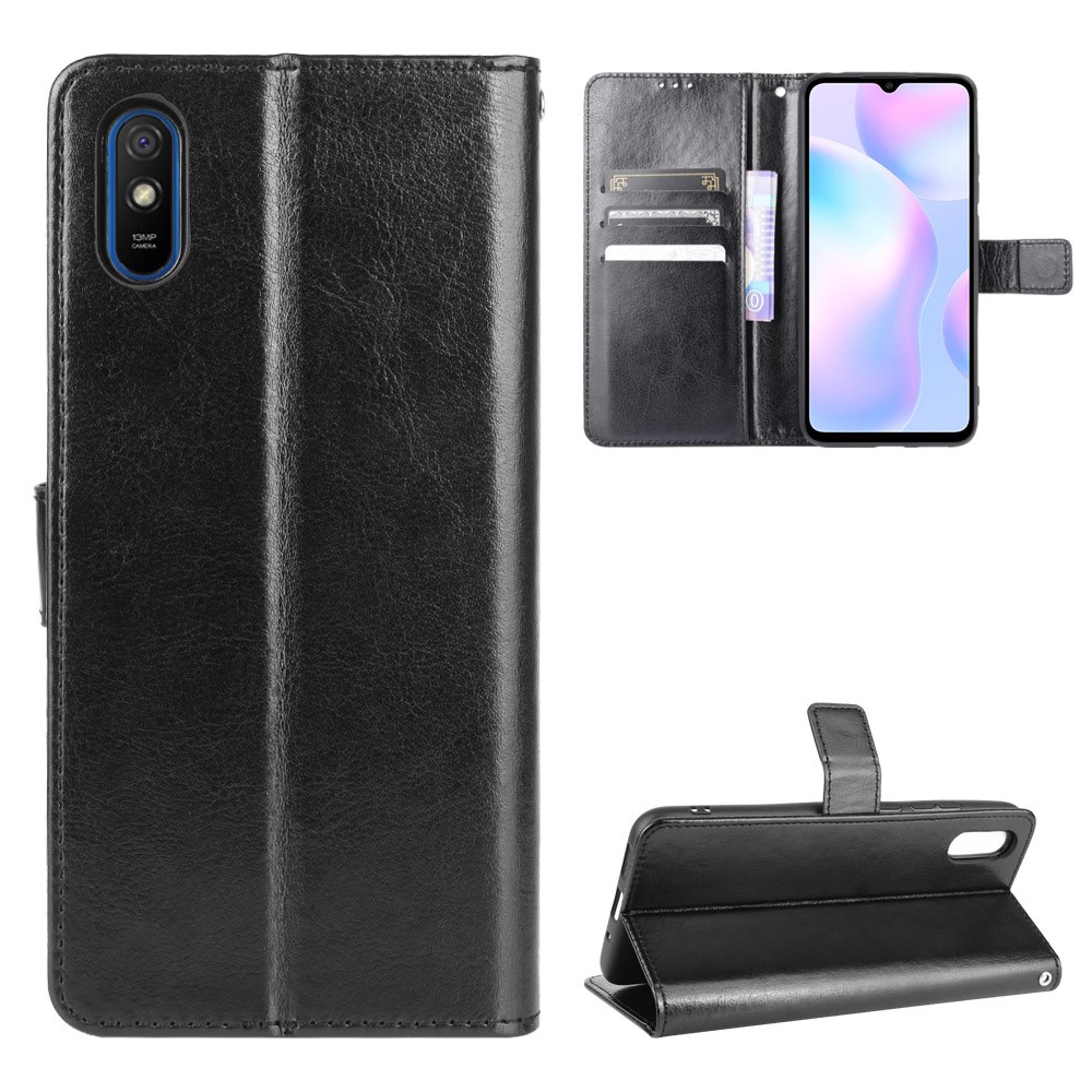 Crazy Horse Wallet Stand Cuero Con Cáscara de Cuero Para Xiaomi Redmi 9a - Negro