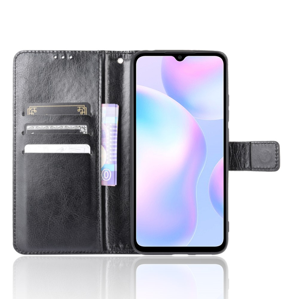 Crazy Horse Wallet Stand Leather Telefone Para Xiaomi Redmi 9a - Preto