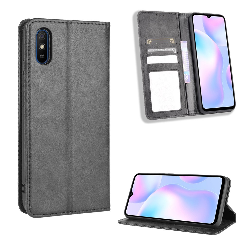 Auto-absorbierte Retro-Leder-Brieftasche Handy-Kasten Für Xiaomi Redmi 9a - Schwarz