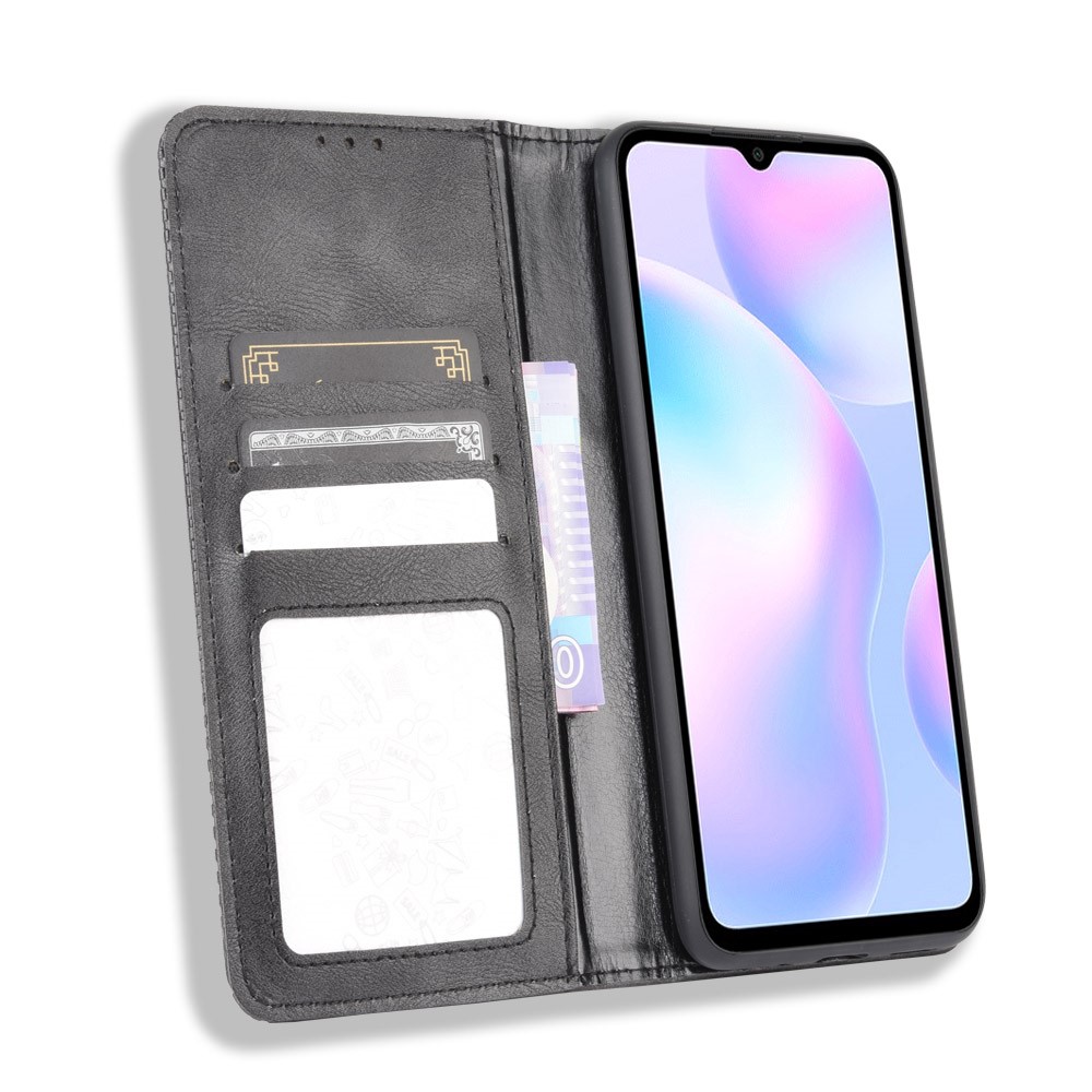 Auto-absorbed Retro Leather Wallet Cell Phone Case for Xiaomi Redmi 9A - Black-5