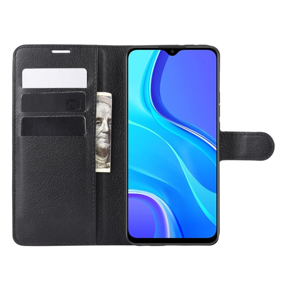 Litchi Texture Wallet Stand Кожаный Чехол Для Xiaomi Redmi 9 - Черный