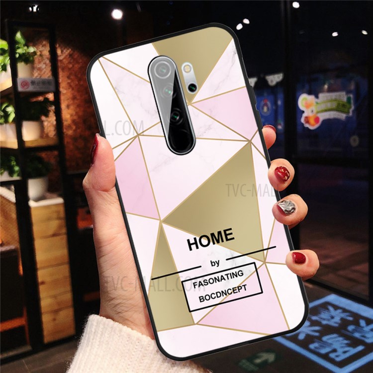 Matte Black TPU Unique Marble Texture Shell for Xiaomi Redmi 9 - Pink/Gold Triangle-4