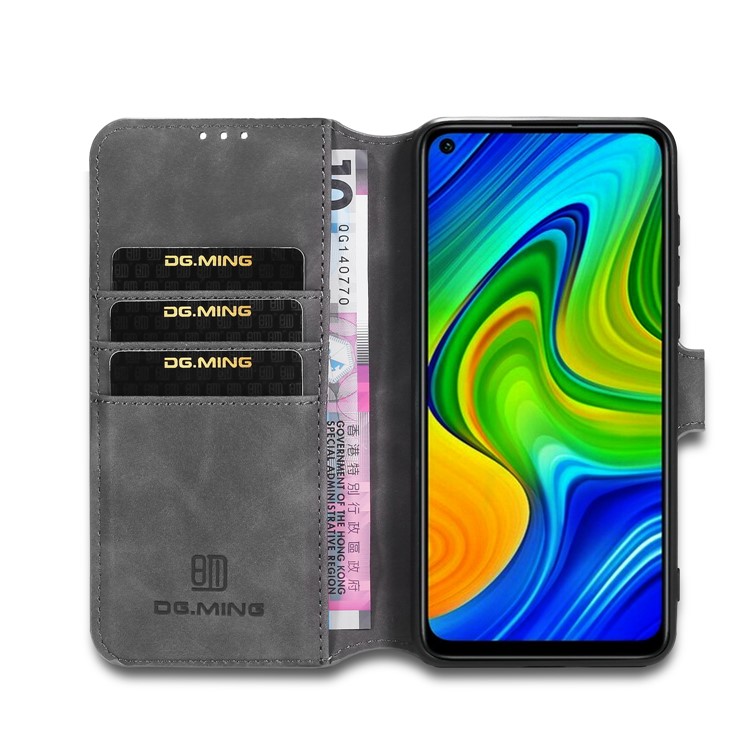 DG.MING Retro Style Case Leather Wallet Stand Cover for Xiaomi Redmi 10X 4G/Note 9 - Grey-4