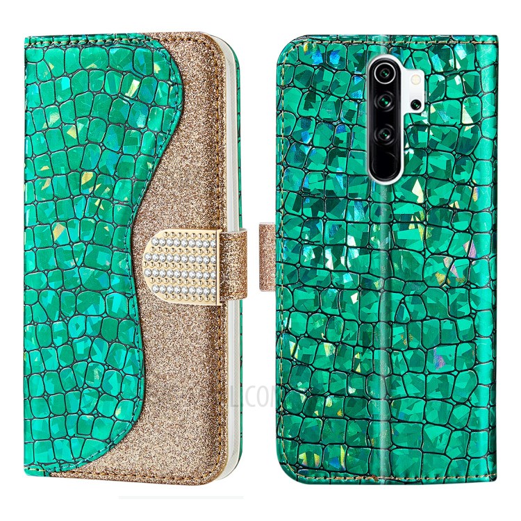Cassa Del Cuoio Pelle Di Coccodrillo Scintillante Polvere Splicing Per Xiaomi Redmi Nota 8 Pro - Verde-1