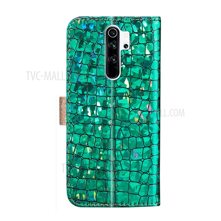 Cassa Del Cuoio Pelle Di Coccodrillo Scintillante Polvere Splicing Per Xiaomi Redmi Nota 8 Pro - Verde-3