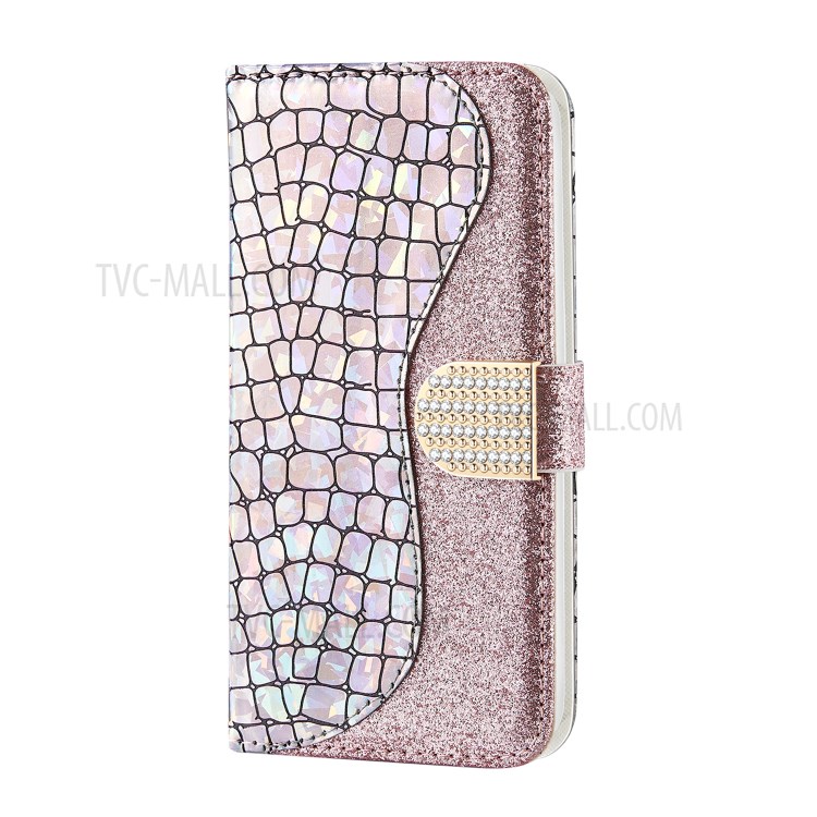 Crocodile Skin Glittery Powder Splicing Leather Wallet Case for Xiaomi Redmi Note 8 Pro - Rose Gold-1