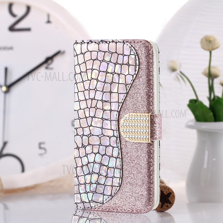 Crocodile Skin Glittery Powder Splicing Leather Wallet Case for Xiaomi Redmi Note 8 Pro - Rose Gold-12