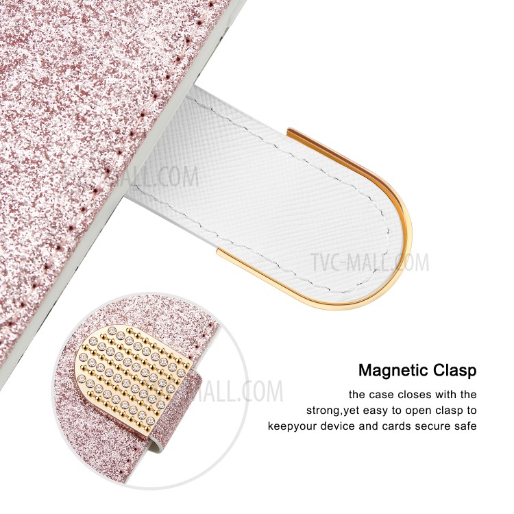 Crocodile Skin Glittery Powder Splicing Leather Wallet Case for Xiaomi Redmi Note 8 Pro - Rose Gold-9