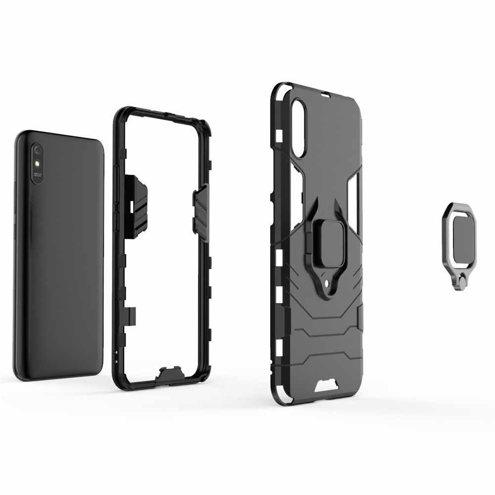 Pour Xiaomi Redmi 9a, Porte-anneau de Doigt Kickstand PC + TPU Couvercle de Coque de Protection - le Noir-4