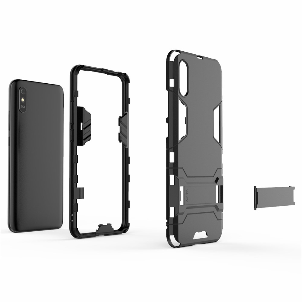 2 in 1 PC + TPU Hybrid Kickstand Phone Cover for Xiaomi Redmi 9A - Black-4