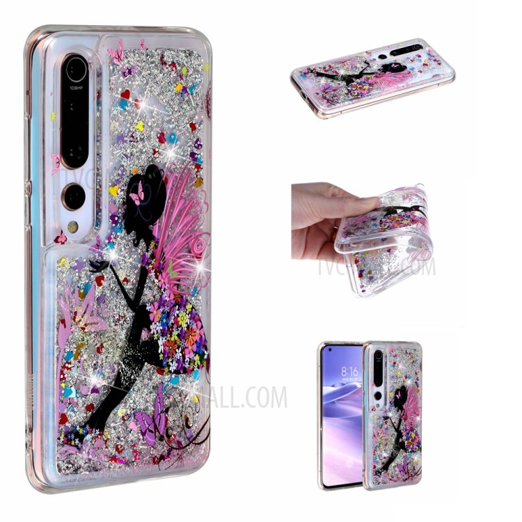 Pattern Printing Shell Glitter Powder Quicksand TPU Case for Xiaomi Mi 10 - Girl and Butterfly-1