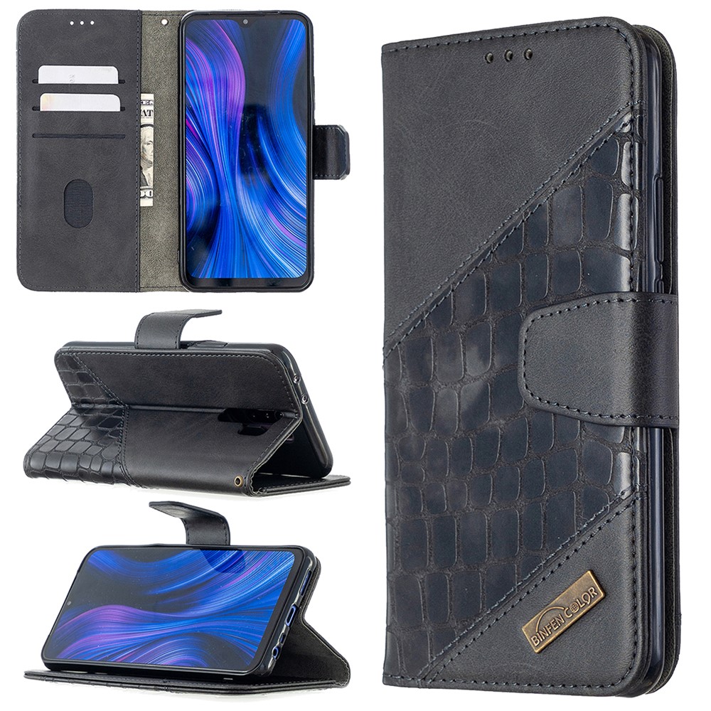 Assorted Color Crocodile Skin Leather Wallet Case for Xiaomi Redmi 9 - Black-1