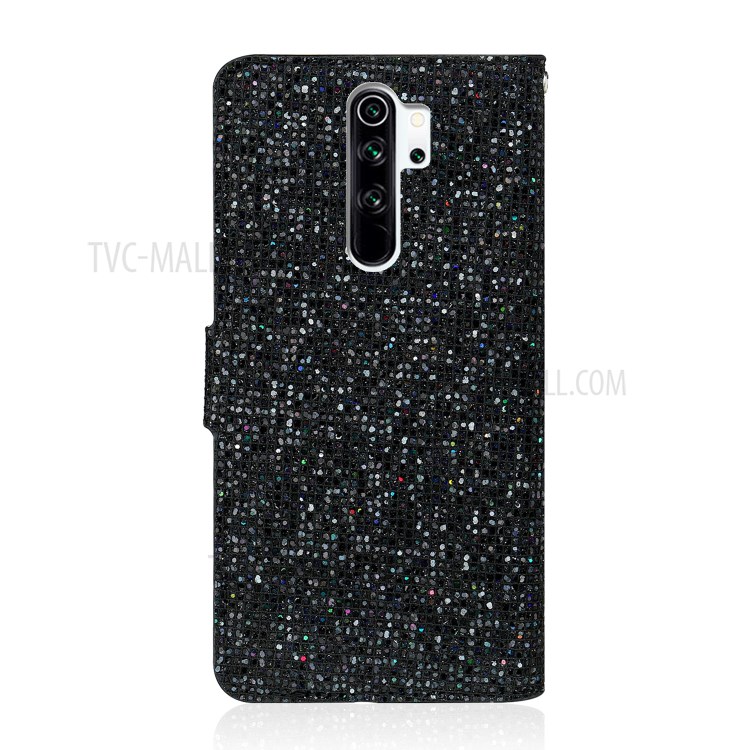 Phone Cover Glittery Powder Splicing Wallet Stand Leather Case for Xiaomi Redmi Note 8 Pro - Black-3