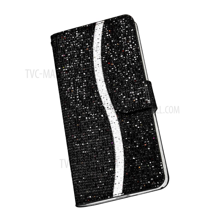 Phone Cover Glittery Powder Splicing Wallet Stand Leather Case for Xiaomi Redmi Note 8 Pro - Black-6