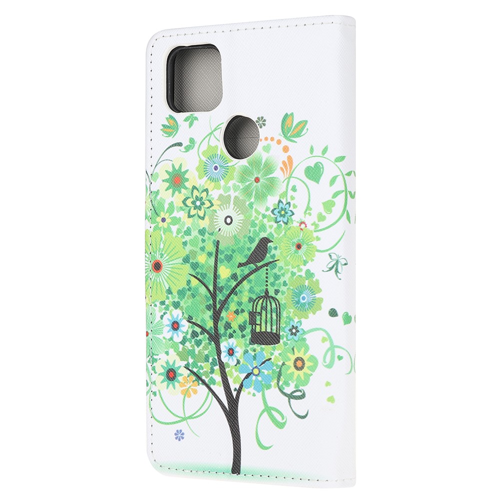 Cross Texture Pattern Printing Leather Phone Case for Xiaomi Redmi 9C - Green Flower Tree-3