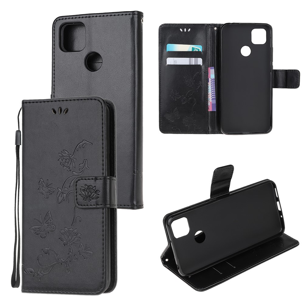 Imprint Butterfly Flowers Leather Wallet Case for Xiaomi Redmi 9C - Black-1