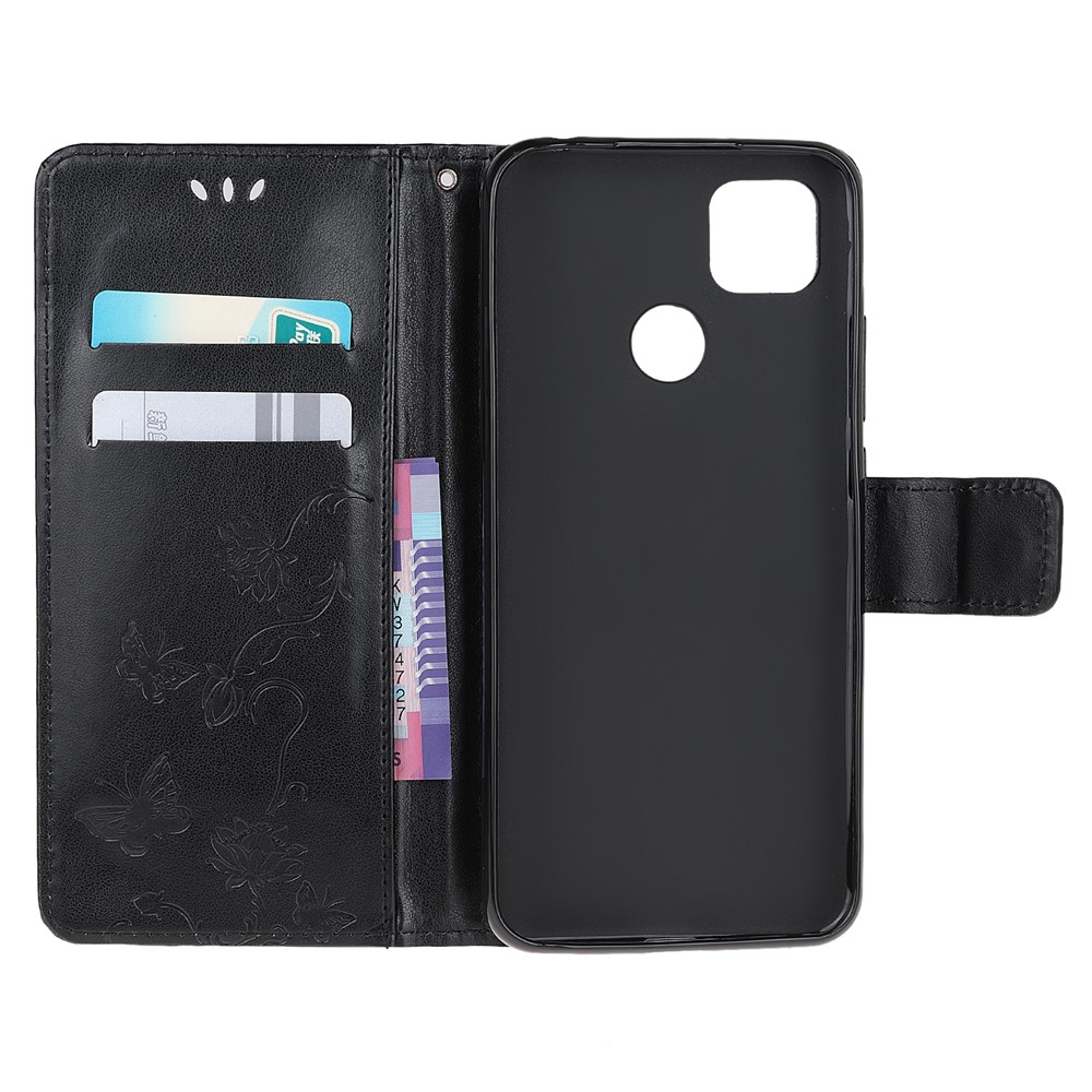 Imprint Butterfly Flowers Leather Wallet Case for Xiaomi Redmi 9C - Black-5